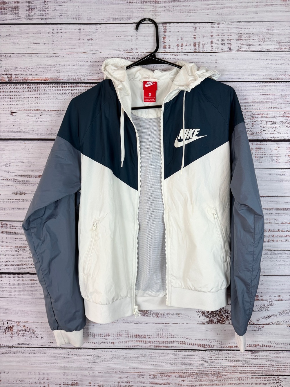 Nike Windrunner Jacket M Navy White Gray Chevron Hooded Windbreaker Unisex - Picture 4 of 8